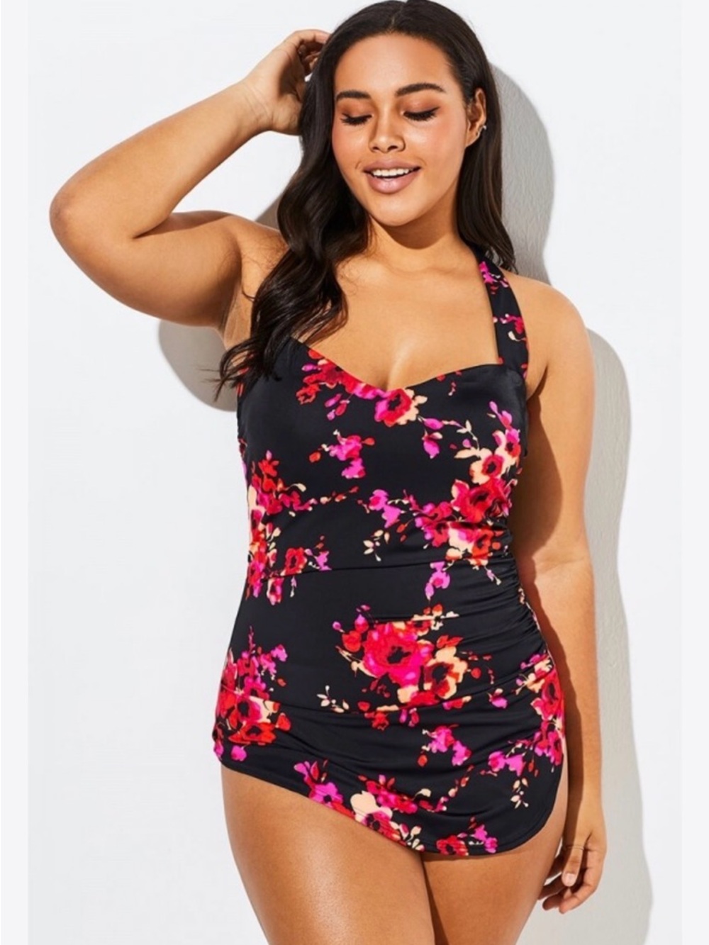 Floral Black One-Piece Swimsuit with Pink & Red Blooms Size 10